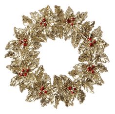 a gold wreath with red berries and leaves on it's side, against a white background