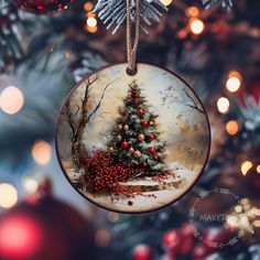 a christmas ornament hanging from a tree decorated with red berries and pine cones