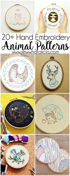 hand embroidered animal patterns are featured in this collage with the words, 20 + hand embroidery animal patterns