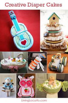 a collage of cakes with different designs on them and the words creative diaper cakes