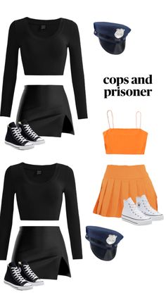 three different outfits with the words cops and prisoners on them in black, orange, and white