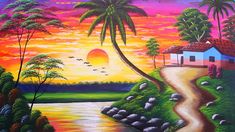 a painting of a tropical sunset with palm trees and a house on the other side