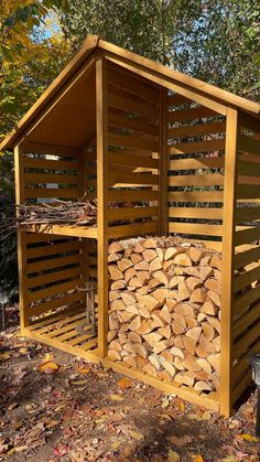 a firewood shed with logs stacked in it