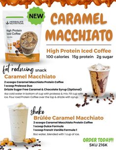 an advertisement for caramel macchato coffee, with information about the ingredients and how to use it