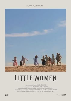 a movie poster for little women with people running on the beach in front of them