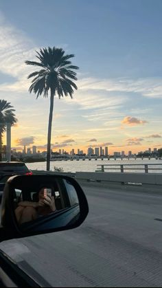 a person taking a photo in the side mirror of a car with palm trees and water in the background