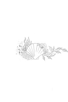 a black and white drawing of a seashell with flowers on it's side