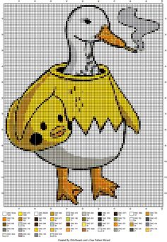 a cross stitch pattern with an image of a duck holding a baby chickling in its beak