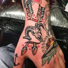 a person's hand with tattoos on it and an arrow in the middle is shown