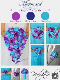 blue and purple flowers are arranged in the shape of a heart on a bride's bouquet