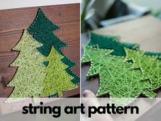 string art christmas trees are displayed on wooden boards and in different stages of being sewn together