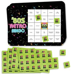 a board game with lots of stickers and numbers on the front, including 80's retro bingo