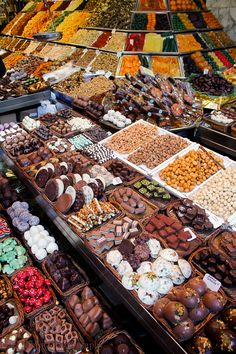 many different types of chocolates and nuts on display