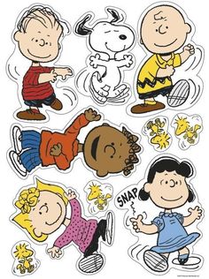 the peanuts gang sticker sheet is shown in various colors and sizes, including one boy with