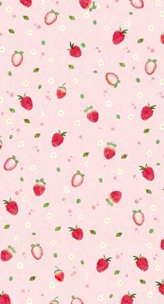 a pink background with strawberries and daisies