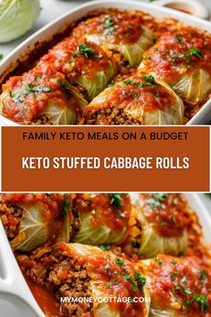 a white casserole dish filled with stuffed cabbage rolls and topped with tomato sauce