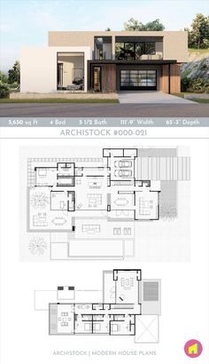 two story house plan with three floors and an open floor plan for the first level