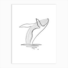 a black and white drawing of a whale jumping out of the water with it's tail