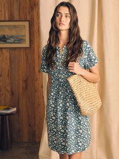 Gemina Dress - Indigo Echo Floral | Faherty Brand Womens Packing List, Mid-length Ditsy Floral Print Spring Dress, Non-stretch Ditsy Floral Print Vacation Dresses, Havana Dress, Chic Mid-length Ditsy Floral Print Dress, Faherty Brand, V-neck Linen Dress With Floral Print, Beach Midi Dress With Ditsy Floral Print And V-neck, Blue Dress Women