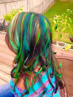 Mermaid highlights by me on my daughter Green Funky Vivid Techno Multicolor Punky color Hair long curly Crazy Hair Dye Ideas For Short Hair, Hair Dye Multicolor, Pink Purple And Green Hair, Funky Colored Hair, Mermaid Highlights, Curly Vivid Hair, Multicolor Highlights, Purple Pink Green Hair, Pink And Green Highlights