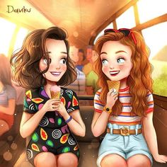 two girls eating ice cream on a train