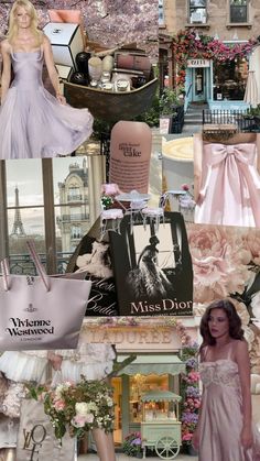 the collage shows many different types of clothing and accessories, including dresses, hats, shoes