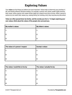 Worksheet: values Values Group Therapy, Values Clarification Worksheet, Values Assessment, Values Activity, Nicole Lewis, Dbt Therapy