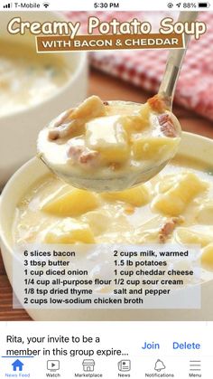 a recipe for creamy potato soup with bacon and cheddar is shown on the facebook page