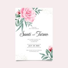 a wedding card with pink flowers and greenery on the front, in white background