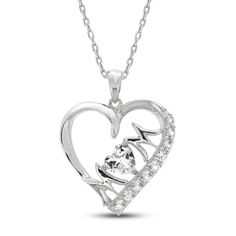 This beautiful and sentimental necklace for Mom features a heart-shaped pendant embellished with sparkling round-cut white lab-created sapphires along one side. The word 'MOM' graces the inside, with a gorgeous heart-cut white lab-created sapphire in the center. The sterling silver pendant hangs from an 18-inch cable chain and secures with a lobster clasp. White Cubic Zirconia Heart Necklace For Mother's Day, Diamond White Cubic Zirconia Necklaces For Mother's Day, White Round Pendant Heart Necklace For Anniversary, White Heart Necklace With Birthstone For Mother's Day, White Birthstone Heart Necklace For Mother's Day, White Heart Pendant Necklace For Mother's Day, Mother's Day Jewelry With Diamond White Heart Charm, Personalized White Heart Cut Necklace, Mother's Day White Jewelry With Diamond Accents