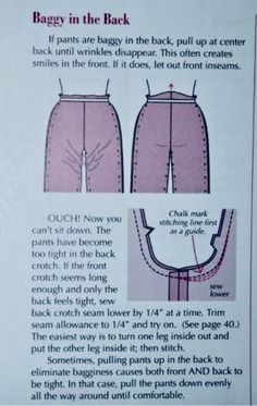 an instruction manual for how to sew pants in the back