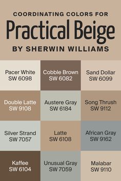 the color guide for practical bege by sherwin williams, including two shades of brown