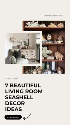 the cover of an article about living room seashell decor ideas, with pictures of shells on shelves