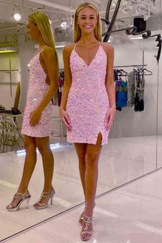 Magdalene Oragne Short Bodycon One Shoulder Sequins Homecoming Dress | KissProm Pink Sequin Mini Dress, Winter Dance Dress, Cute Hoco Dress, Cute Pink Clothes, Cute Pink Dresses, Cocktail Dresses 2022, Semi Formal Dresses For Women, Homecoming Dresses Ideas, Wedding Cocktail Dresses