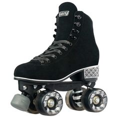 the roller skates are black and have white wheels