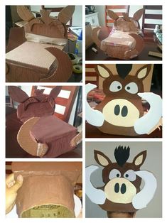 several pictures of cardboard boxes with animals on them, and one has a cow's head in the middle