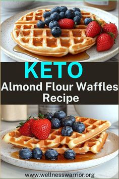 keto almond flour waffles with blueberries and strawberries on the side