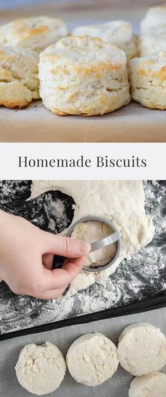 homemade biscuits are being made on a baking sheet and then baked in the oven