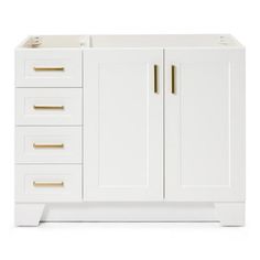 a white bathroom vanity with gold handles and drawers on the bottom cabinet, against a white background