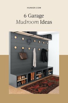 a mudroom with shoes and coats hanging on the wall, next to a rug