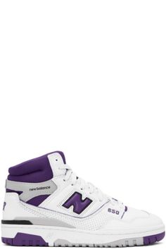 Sporty High-top Sneakers With Logo Patch For Streetwear, Sporty Purple Leather High-top Sneakers, White High-top Sneakers With Embroidered Logo For Sports, High-top Sports Sneakers With Appliqué Logo, High-top Sneakers With Appliqué Logo For Sports, New Balance Sneakers With Embroidered Logo For Streetwear, New Balance Embroidered Logo Sneakers For Streetwear, New Balance High-top Sneakers With Embroidered Logo, Sports High-top Sneakers With Embroidered Logo