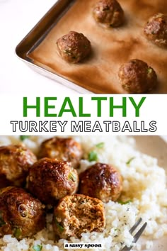 healthy turkey meatballs on top of white rice in a pan with green text overlay