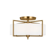 a flush light fixture with a white glass shade on the bottom and gold metal frame