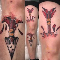 three different images of tattoos on the legs and leg, one with an arrow in it