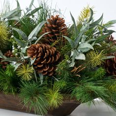 pine cones and greenery in a wooden bowl