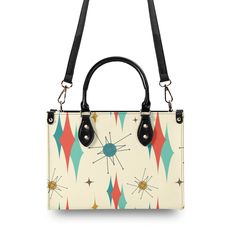 Atomic Kitty, Mid Century Modern Style Classic Cool PU Leather Handbag -  7809415250075 Atomic Kitty, Atomic Cat, Modern Handbag, Retro Shoulder Bag, Starburst Design, Women Handbag, Black Leather Handbags, Mid Century Modern Style, Cats Meow