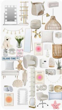 a collage of white furniture and accessories with pink accents on the wall, including a birdcage