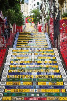 the stairs are made out of tiles and have been painted with different colors on them