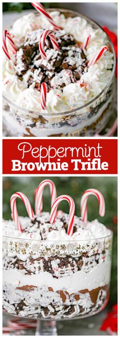 peppermint brownie trifle cake with white frosting and candy canes