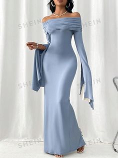 Teal Blue Party Collar Extra-Long Sleeve Fabric Plain Bodycon Embellished High Stretch  Women Clothing Bodycon Maxi Prom Dress, Black Off The Shoulder Maxi Dress, Elegant Dresses For Christmas Party, Off Shoulder Sleeve Dress, Off Shoulder Long Sleeve Dresses, Dresses With Off The Shoulder Sleeves, Long Hoco Dresses With Sleeves, Dark Blue Classy Dress, Formal Dresses Not Revealing